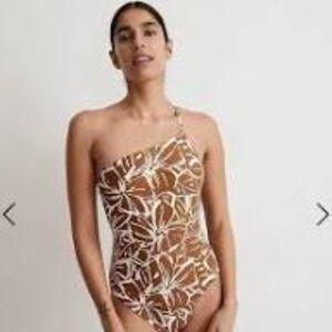 Madewell Double Strap, One Shoulder, One Piece Flora Sepia Abstract Swim Suit